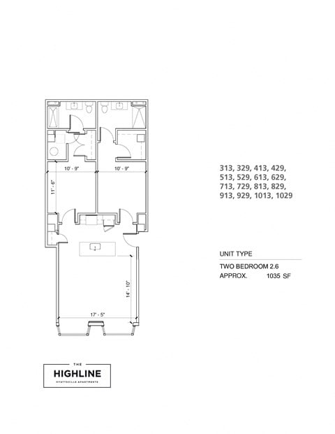Floor plan for 2 beds, 2 baths, 1040 sqft